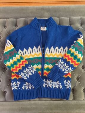 STUNNING Vintage Blue Squares Full-Zip Ski Sweater